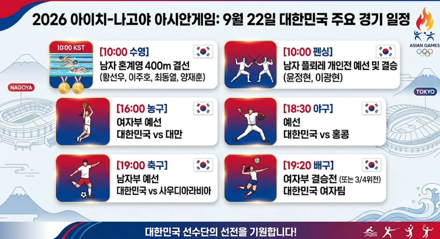 오늘 아시안게임 한국<b>선수</b> 경기 일정